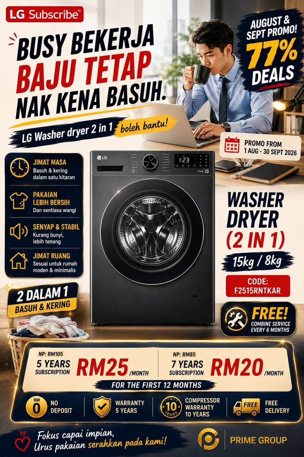 Mesin Basuh Dan Dryer LG 2 in 1: Basuh, Kering & Jimat Ruang Dalam Satu Mesin